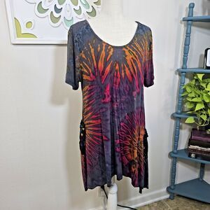 Greater Good Womens Sz L XL Tunic Top Blouse Artsy Boho Hippie Colorful Tie Dye